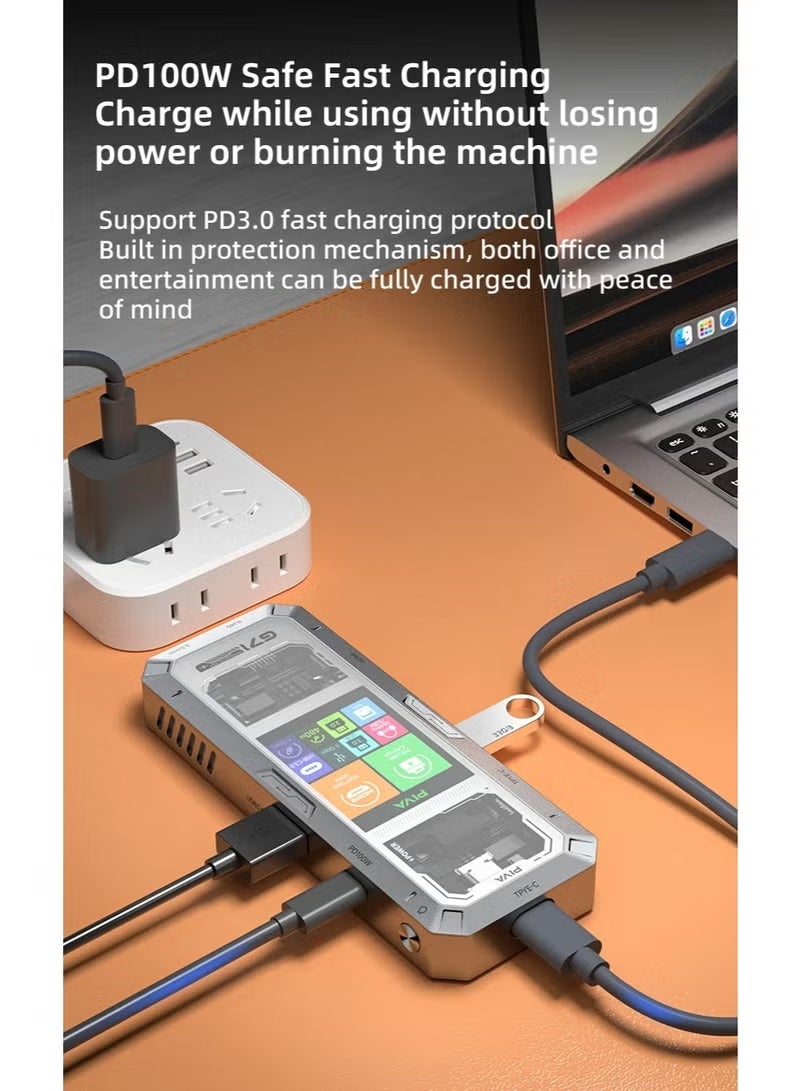 PIVA G71 is a 7-in-1 multi-functional aluminum metal docking station designed for gamers and office workers. It features a smart display for an advanced technology experience. It has two USB 3.0 ports, an HDMI 2.0 port, a Gigabit Ethernet port, and a 3.5mm audio interface. It also supports PD100W fast charging, ensuring diverse connections and efficient performance. - Image 4