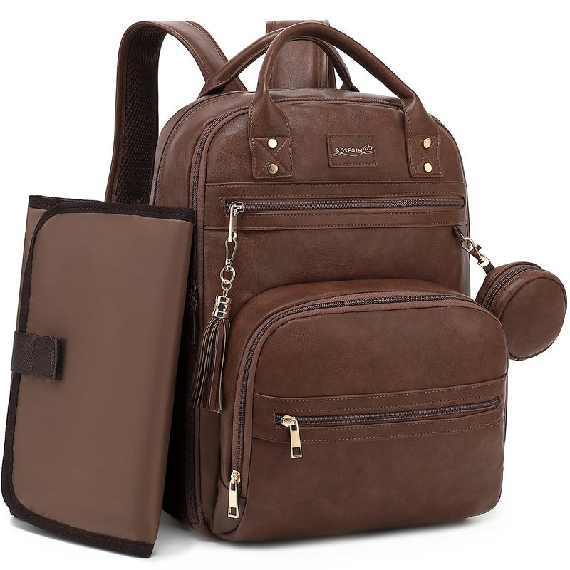 ROSEGIN ROSEGIN Premium Vegan Leather Diaper Bag Backpack with Waterproof Changing Pad Reinforced Zippers OdorFree20 Pockets Pro Organizer Fits 156 Laptop Stroller Straps Baby Bag for MomDark Brown