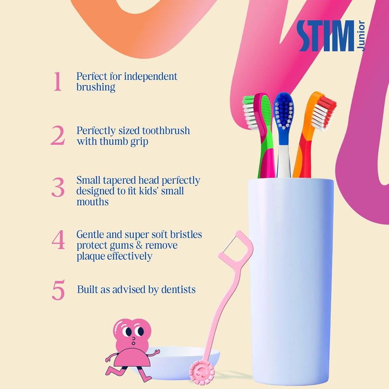 STIM فرشاة أسنان للأطفال الصغار | 3-10 سنوات | شعيرات فائقة النعومة لتنظيف لطيف | مقبض مع قبضة للإبهام وكاشط للسان | بحجم مثالي لتنظيف مستقل | موصى بها من قبل أطباء الأسنان | 3 فرشات - Image 5