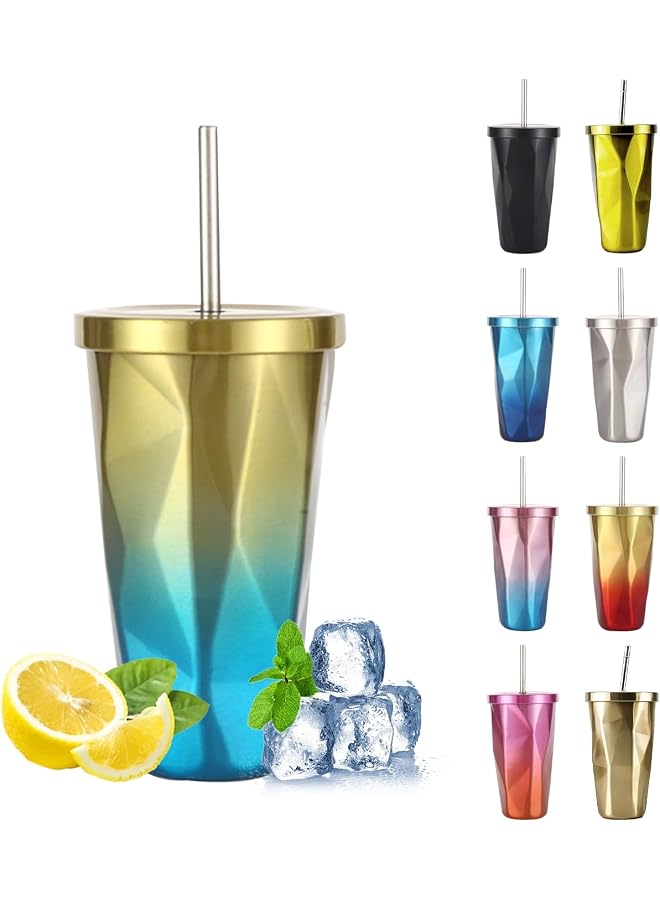S-TOP Stainless Steel Tumbler Cup, Double-Wall Insulated with Wide Lip, Colorful Diamond Design, Gold Blue - Image 1