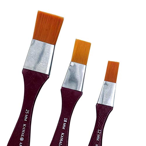 KAMAL® Flat (WASH) CHAPTA Golden Synthetic Hair Painting Brushes (TAKLON) Set of 3 PCS. 12mm, 18mm, 25mm - Image 1