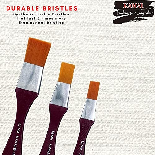 KAMAL® Flat (WASH) CHAPTA Golden Synthetic Hair Painting Brushes (TAKLON) Set of 3 PCS. 12mm, 18mm, 25mm - Image 4