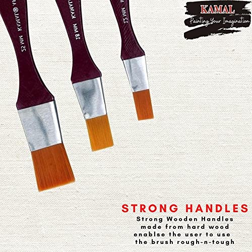 KAMAL® Flat (WASH) CHAPTA Golden Synthetic Hair Painting Brushes (TAKLON) Set of 3 PCS. 12mm, 18mm, 25mm - Image 2