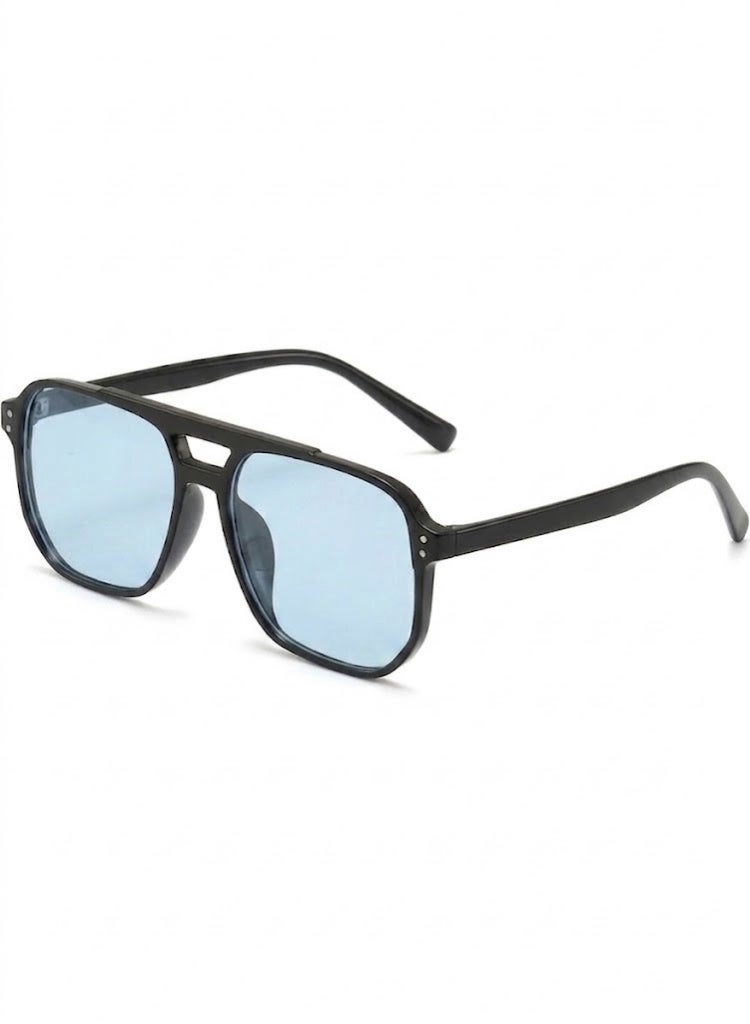 POLITE Unisex Vintage Square Aviator Sunglasses With Double Bridge - Glossy Black - Image 2