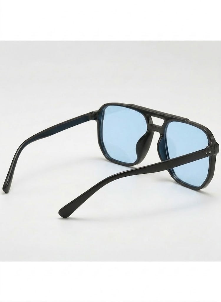 POLITE Unisex Vintage Square Aviator Sunglasses With Double Bridge - Glossy Black - Image 3