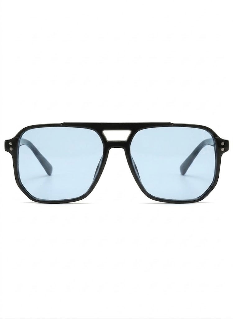 POLITE Unisex Vintage Square Aviator Sunglasses With Double Bridge - Glossy Black - Image 1