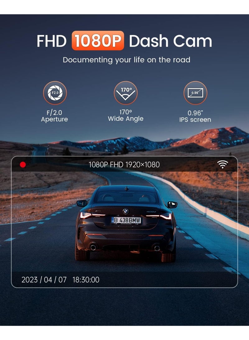 كاميرا داش كام أمامية 1080P صغيرة مع WiFi – كاميرا سيارة بزاوية 170°، رؤية ليلية، مراقبة أثناء الوقوف وتحكم عبر التطبيق - Image 5
