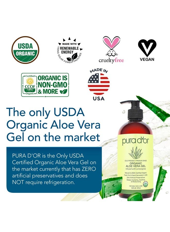 Pura d'or 16 Oz Organic Aloe Vera Gel - Lemongrass - All Natural - Zero Artificial Preservatives - Deeply Hydrating & Moisturizing - Sunburn, Bug Bites, Rashes, Small Cuts, Eczema Relief - Skin & Hair - Image 2