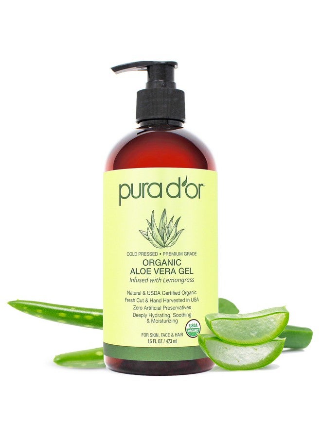 Pura d'or 16 Oz Organic Aloe Vera Gel - Lemongrass - All Natural - Zero Artificial Preservatives - Deeply Hydrating & Moisturizing - Sunburn, Bug Bites, Rashes, Small Cuts, Eczema Relief - Skin & Hair - Image 1