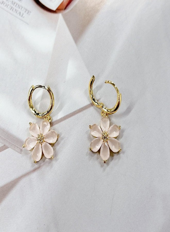 Cykdohy Dainty Pink Crystal Flower Dangle Small Hoop Earrings for Women Cute Bohemian Floral Blossom Charm Dangling Lightweight Cartilage Huggie Hoops Drop Earring Wedding Birthday Fashion Jewelry Gifts(Pink) - Image 4