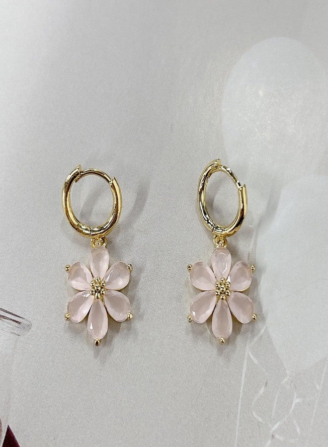 Cykdohy Dainty Pink Crystal Flower Dangle Small Hoop Earrings for Women Cute Bohemian Floral Blossom Charm Dangling Lightweight Cartilage Huggie Hoops Drop Earring Wedding Birthday Fashion Jewelry Gifts(Pink) - Image 3