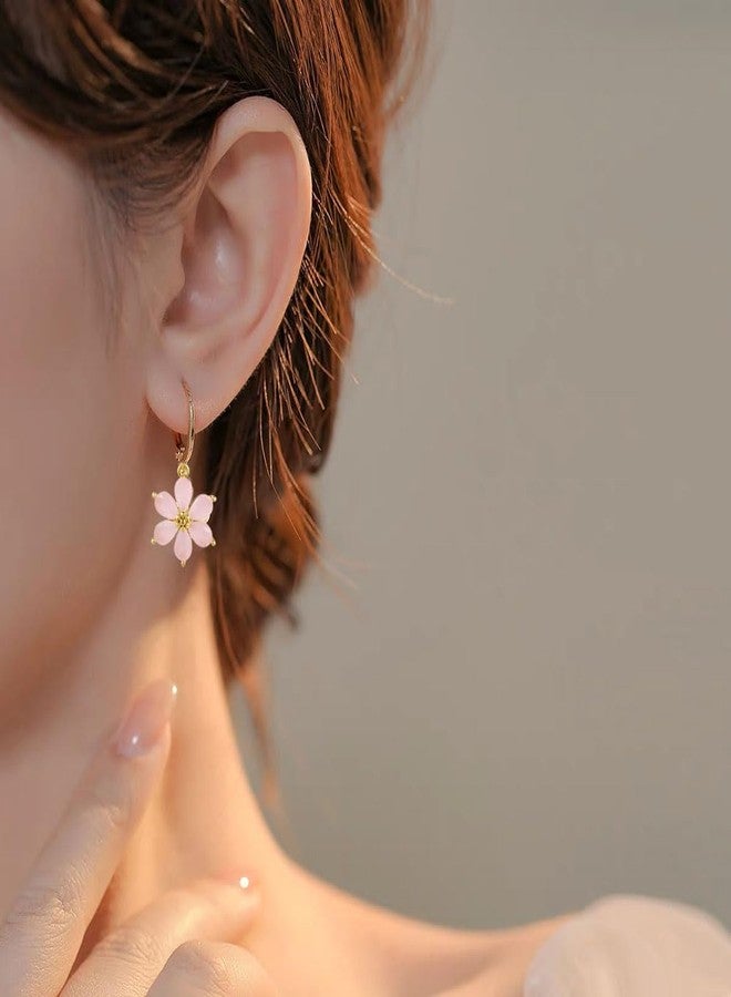 Cykdohy Dainty Pink Crystal Flower Dangle Small Hoop Earrings for Women Cute Bohemian Floral Blossom Charm Dangling Lightweight Cartilage Huggie Hoops Drop Earring Wedding Birthday Fashion Jewelry Gifts(Pink) - Image 5