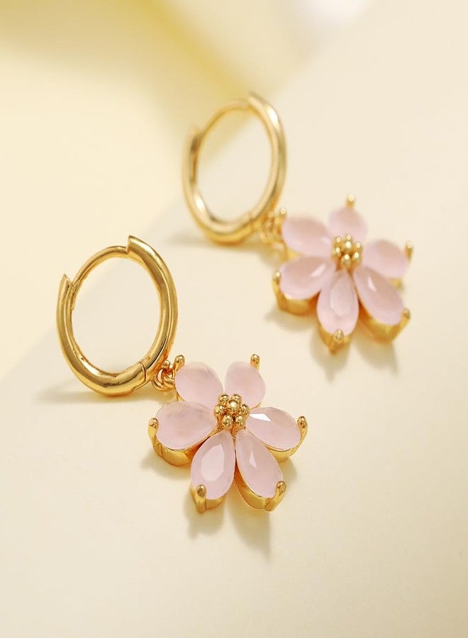 Cykdohy Dainty Pink Crystal Flower Dangle Small Hoop Earrings for Women Cute Bohemian Floral Blossom Charm Dangling Lightweight Cartilage Huggie Hoops Drop Earring Wedding Birthday Fashion Jewelry Gifts(Pink) - Image 2
