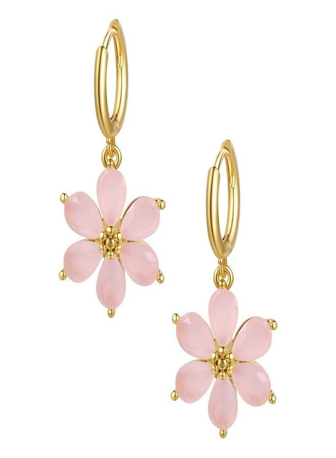 Cykdohy Dainty Pink Crystal Flower Dangle Small Hoop Earrings for Women Cute Bohemian Floral Blossom Charm Dangling Lightweight Cartilage Huggie Hoops Drop Earring Wedding Birthday Fashion Jewelry Gifts(Pink) - Image 1