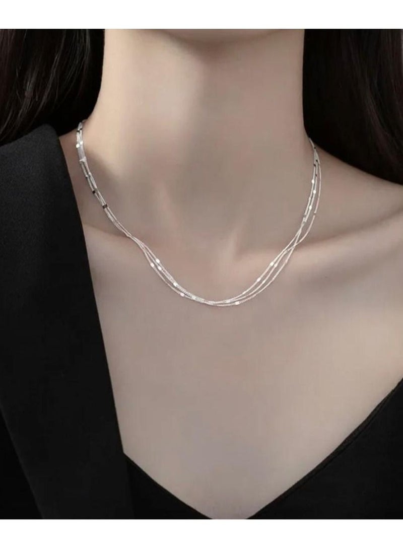 Luxury Bee Disc Chain Three Layer Silver Sterling 925 Minimalist Necklace