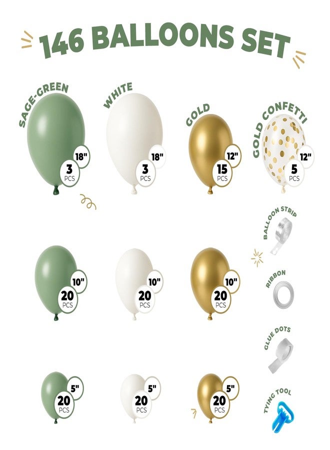 Vellax Balloon Garland Arch Kit - 146 Pcs Sage Green, White, Metallic Gold & Confetti Balloons for Baby Shower, Birthday, Gender Reveal, Wedding Party - DIY Kit by Vellax™ - Image 2