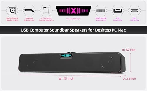 XKX Computer Speakers Soundbar for Desktop PC Mac, USB Plug-in, Wired, External Speakers for Laptop Desk Monitor, RGB Gaming Sound bar with HD Stereo Loud Sound, Punchy Bass, Volume Knob, USB C Adapter - Image 2