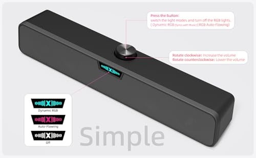 XKX Computer Speakers Soundbar for Desktop PC Mac, USB Plug-in, Wired, External Speakers for Laptop Desk Monitor, RGB Gaming Sound bar with HD Stereo Loud Sound, Punchy Bass, Volume Knob, USB C Adapter - Image 4