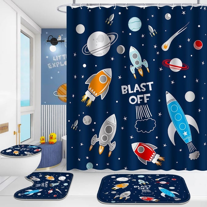 4 PCS BATHROOM SHOWER CURTAIN SETKIDS BATHROOM SETCOSMIC SPACE SHOWER CURTAIN SETS WITH RUGSBATH MATU SHAPE AND TOILET LID COVER MAT AND 12 HOOKS