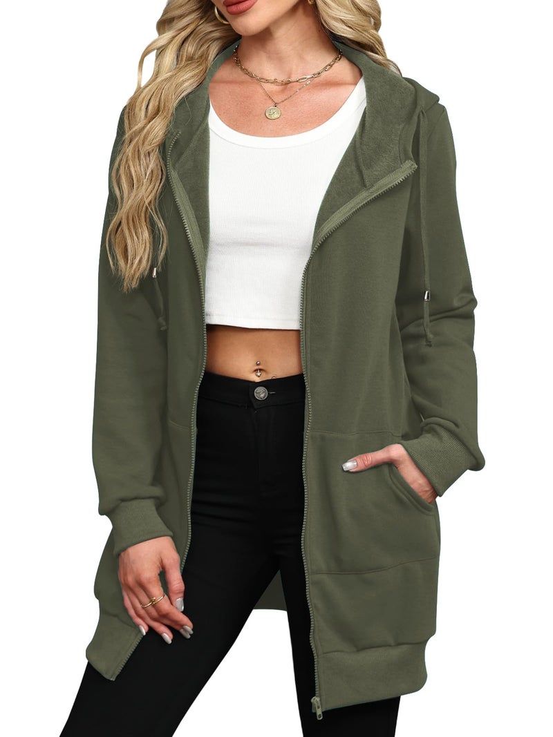 Locryz Women's Casual Pockets Zip Up Hoodies Fleece Tunic Sweatshirt Long Hoodie Jacket Coat - Image 1