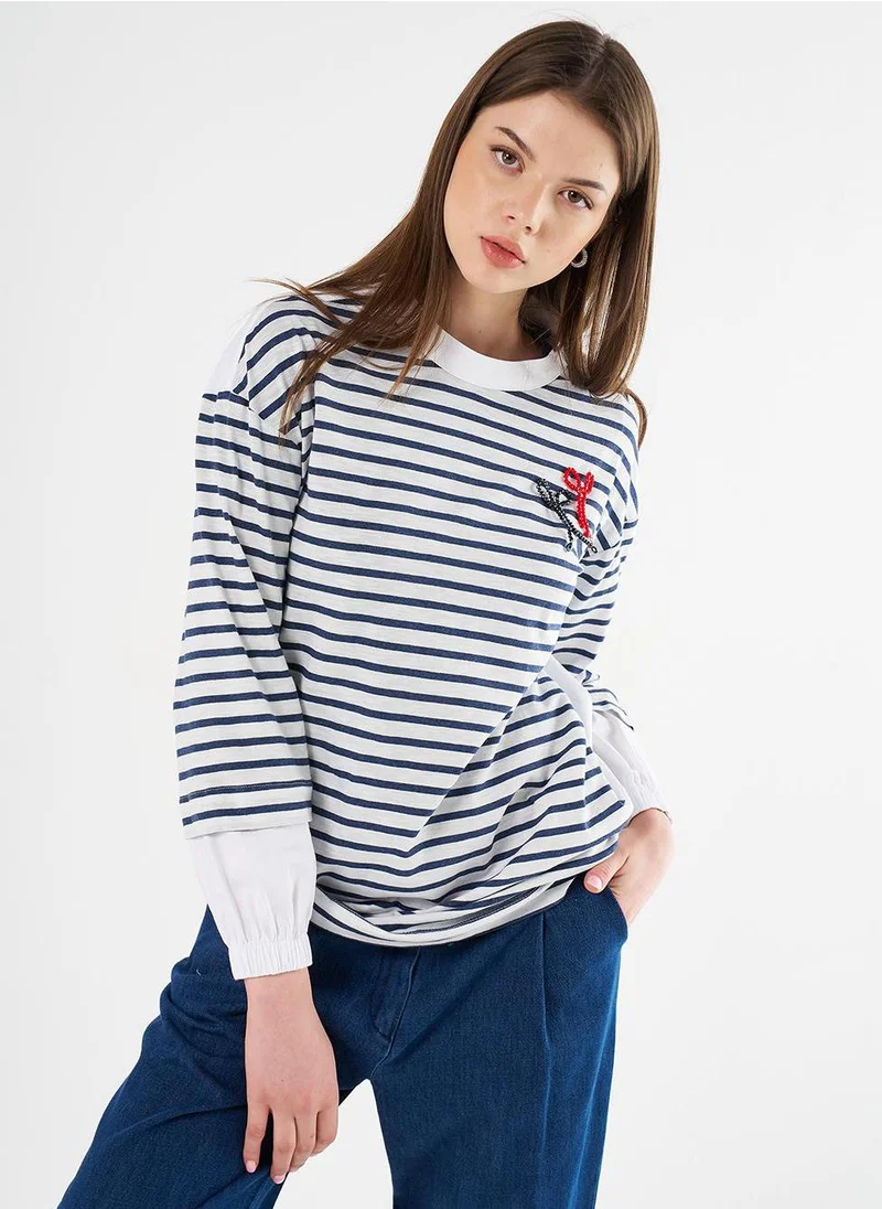Kayra Beaded Embroidered Knit Tunic Navy