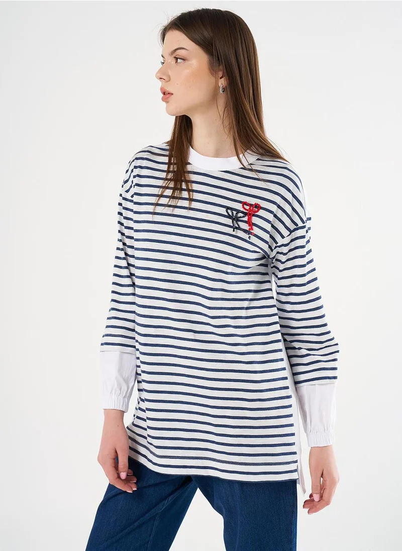 Kayra Beaded Embroidered Knit Tunic Navy