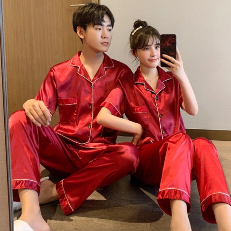 بيجامة زوجين كبيرة الحجم للرجال والنساء بأكمام قصيرة وسروال حرير صيفي سادة اللون سترة حرير منزلية - Image 2