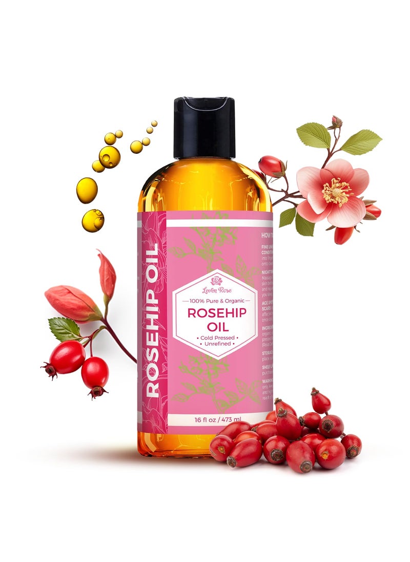 Leven Rose - Leven Rose Rosehip Seed Oil for Face 16 oz  Pure Rosehip Oil for Face  Unrefined Cold Pressed Rose hip for Body  Nighttime Face Moisturizer for Hair Skin  Nails - Image 1