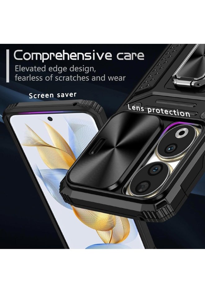 RUGGED SHIELD Honor 90 Case, with Slide Camera Cover, Built-in 360° Rotate Ring Kickstand, Heavy Duty Shockproof Protective Case for Honor 90 (6.7"), Black  - Image 4