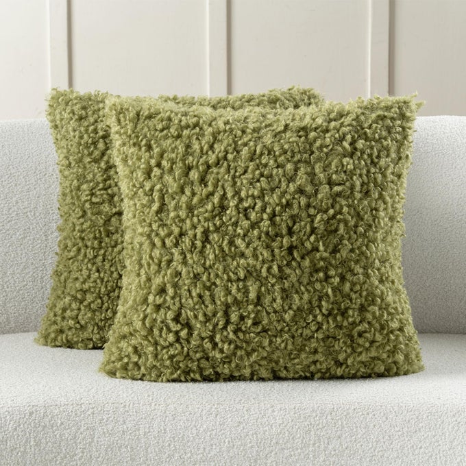 OLIVE GREEN DECORATIVE THROW PILLOW COVERS 18X18 INCH SET OF 2SOFT FLUFFY FAUX WOOL FUR BOUCLE TEXTURED CUSHION CASEMODERN HOME DECOR FOR COUCH BED LIVING ROOM OFFICE