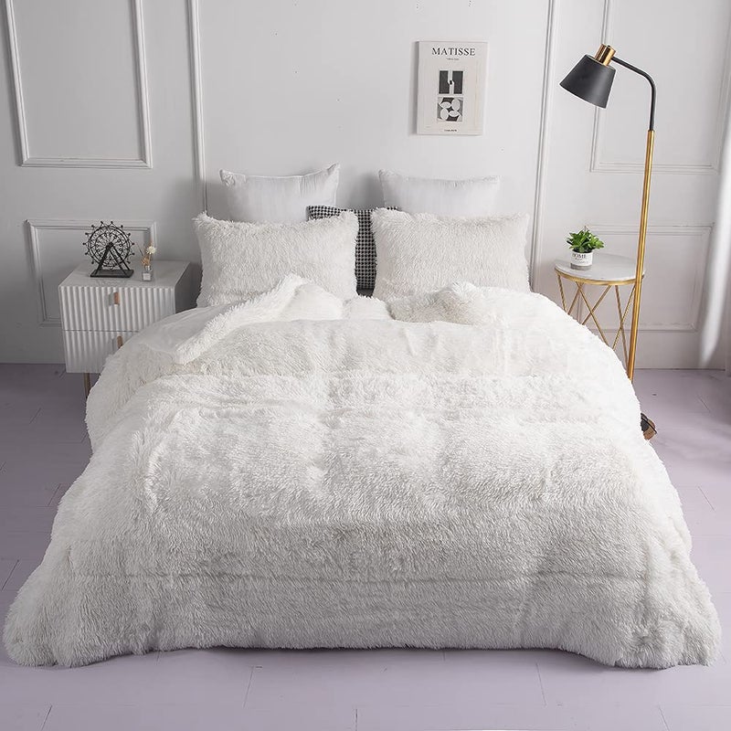 chovy Faux Fur Plush White Comforter Sets King  Ultra Soft Shaggy Flannel Velvet Fluffy Fuzzy 3PC Bedding Set Comforter x 1 Pillowcases x 2