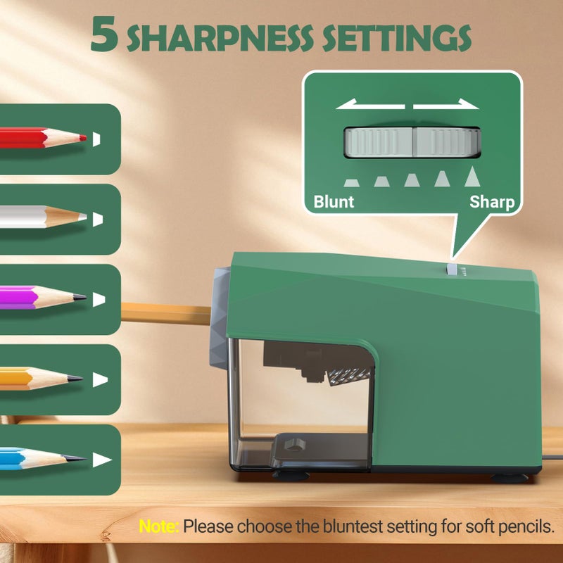 AFMAT Electric Pencil Sharpener, Fast & Hands-Free, 10,000+ Uses, 5 Nibs, Fully Automatic Pencil Sharpener for Classroom, Heavy Duty Sharpeners for No.2/Jumbo/Colored Pencils (Ï†6.5-10.5mm) PSC4(Green) - Image 5