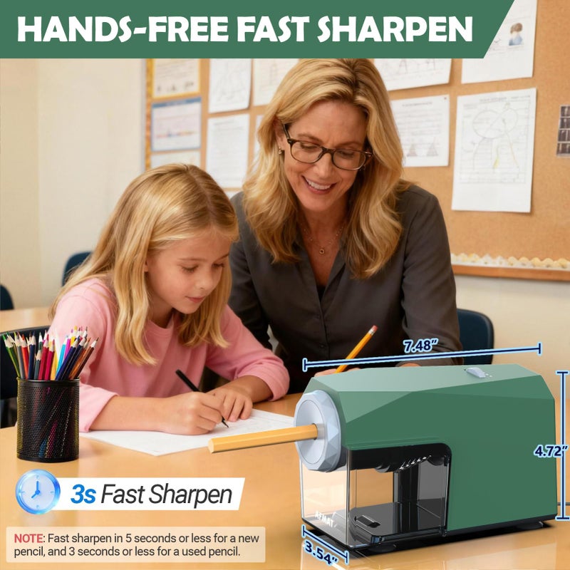 AFMAT Electric Pencil Sharpener, Fast & Hands-Free, 10,000+ Uses, 5 Nibs, Fully Automatic Pencil Sharpener for Classroom, Heavy Duty Sharpeners for No.2/Jumbo/Colored Pencils (Ï†6.5-10.5mm) PSC4(Green) - Image 4