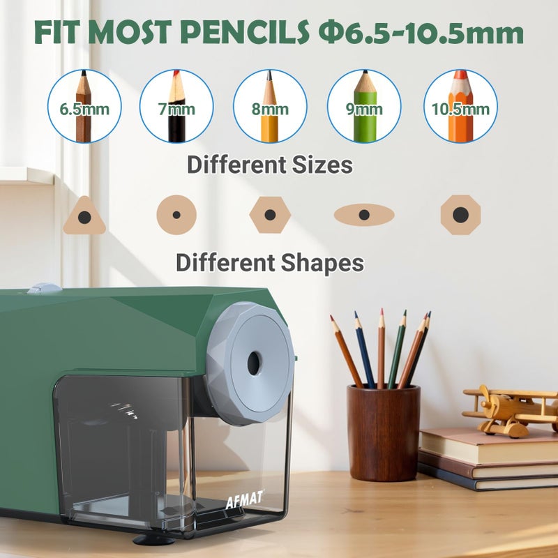 AFMAT Electric Pencil Sharpener, Fast & Hands-Free, 10,000+ Uses, 5 Nibs, Fully Automatic Pencil Sharpener for Classroom, Heavy Duty Sharpeners for No.2/Jumbo/Colored Pencils (Ï†6.5-10.5mm) PSC4(Green) - Image 3