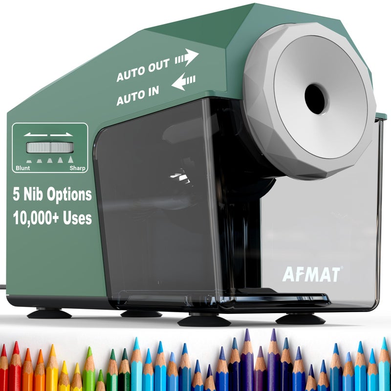 AFMAT Electric Pencil Sharpener, Fast & Hands-Free, 10,000+ Uses, 5 Nibs, Fully Automatic Pencil Sharpener for Classroom, Heavy Duty Sharpeners for No.2/Jumbo/Colored Pencils (Ï†6.5-10.5mm) PSC4(Green) - Image 1