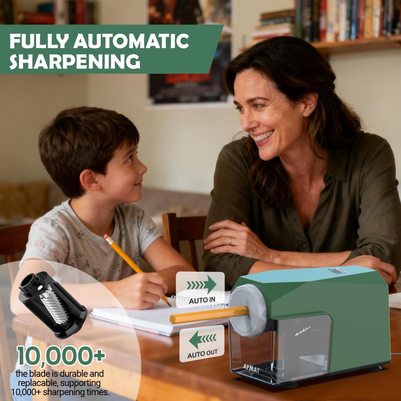 AFMAT Electric Pencil Sharpener, Fast & Hands-Free, 10,000+ Uses, 5 Nibs, Fully Automatic Pencil Sharpener for Classroom, Heavy Duty Sharpeners for No.2/Jumbo/Colored Pencils (Ï†6.5-10.5mm) PSC4(Green) - Image 2