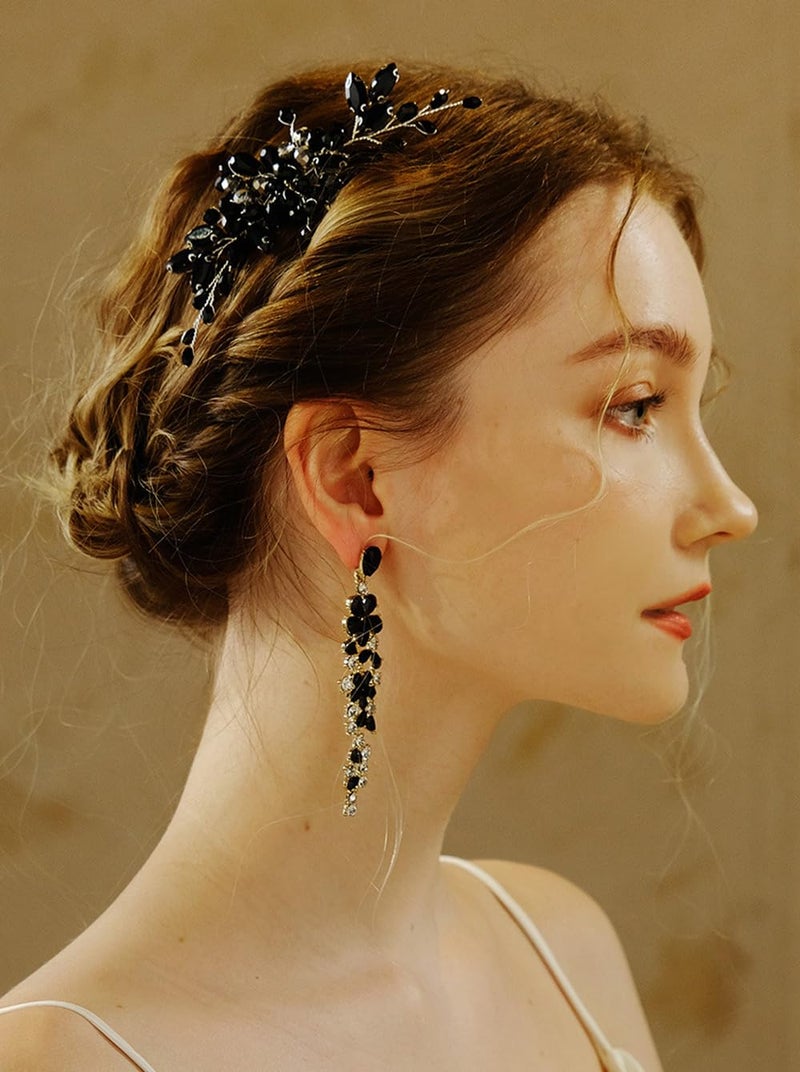 Denifery مشط شعر أسود على شكل دمعة من دينيفيري مع رأس مزين بكريستال الراين العتيق لعرائس، مشط جانبي لملحقات الشعر للنساء والفتيات