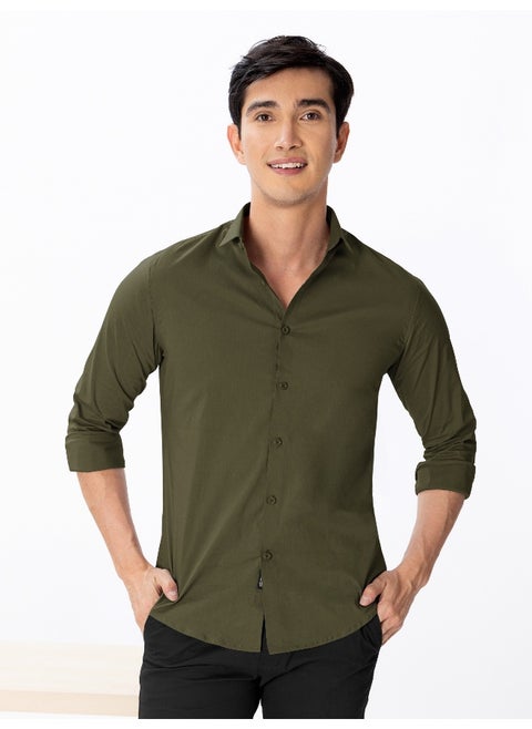 BEYOUNG Army Green Plain Cotton Shirts