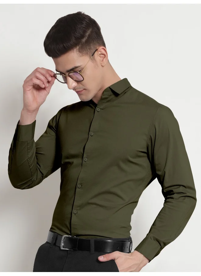 Beyoung BEYOUNG Army Green Plain Cotton Shirts