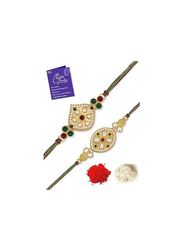 Sukkhi Rakhi Stylish Kundan Rakhi Combo and Designer Gold Plated Premium Rakhi for Brother, Roli Chawal and Greeting Card Rakhi for Bhaiya Rakhi for MEN Kundan Rakhi Rakhi Combo-Set of 2 - Image 1