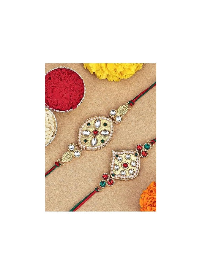 Sukkhi Rakhi Stylish Kundan Rakhi Combo and Designer Gold Plated Premium Rakhi for Brother, Roli Chawal and Greeting Card Rakhi for Bhaiya Rakhi for MEN Kundan Rakhi Rakhi Combo-Set of 2 - Image 2