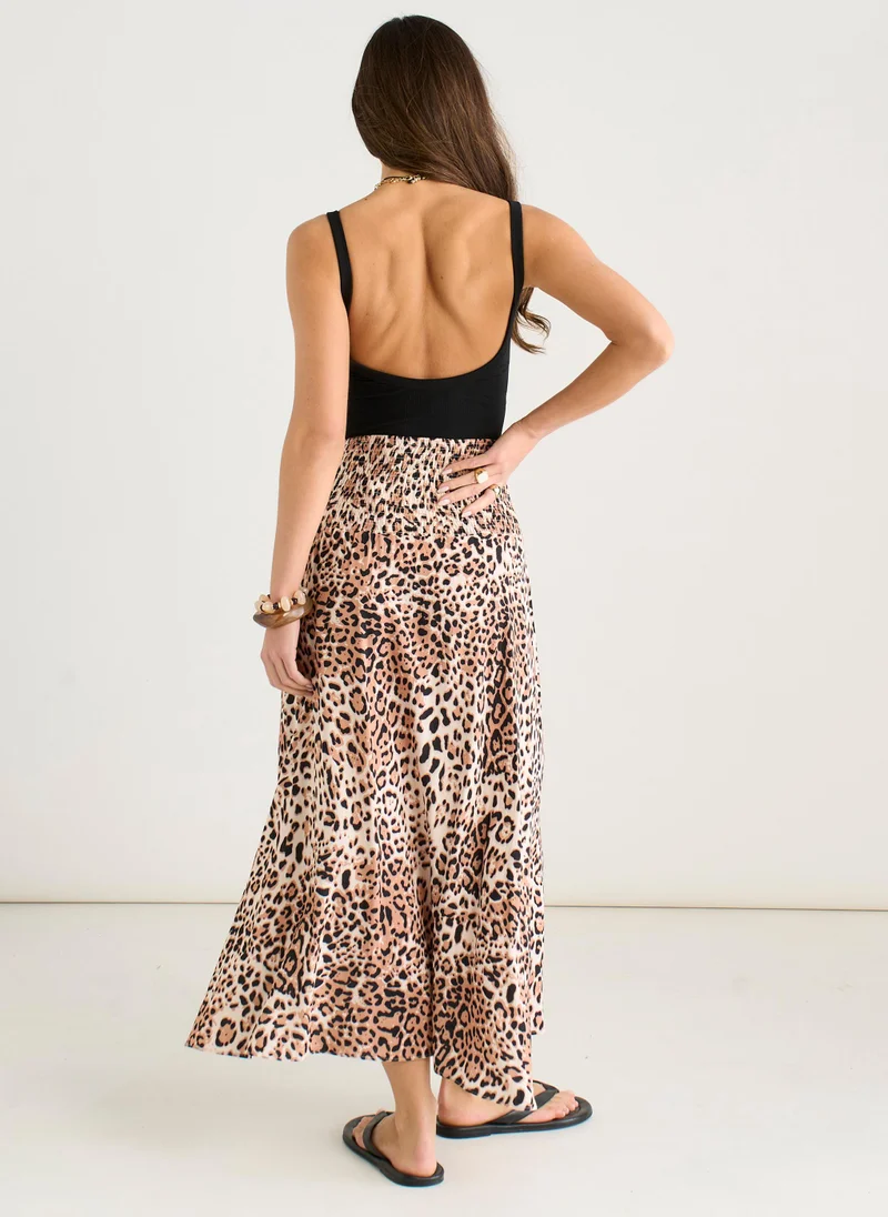 Gini London Brown Animal Print Elasticated Waist Skater Skirt