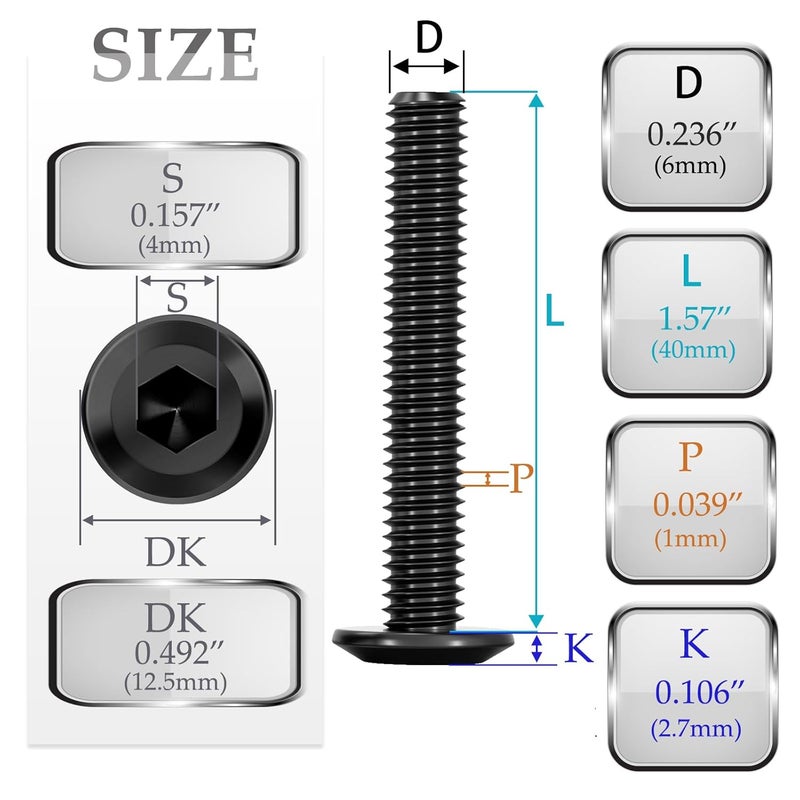WYLWLS M6 x 40mm Bolt, 10 Pcs Per Set with 1 Hex Spanner, Flat Head Hex Socket Cap Bolts, Alloy Steel Black Oxide Full Thread, for Furniture, Shelves, Beds, Tables and Chairs Assembly (40 mm) - Image 2