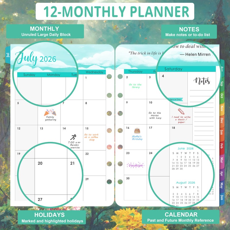 Pinchoco 2026-2027 Planner Refills - Planner Refills 2026-2027, JUL 2026 - JUN 2027, 5-1/2" x 8-1/4", A5 Planner Inserts, 26-27 Planner Weekly and Monthly with 7-Hole Punched, Colorful Tabs - Dreaming Moon - Image 4