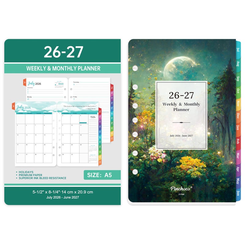 Pinchoco 2026-2027 Planner Refills - Planner Refills 2026-2027, JUL 2026 - JUN 2027, 5-1/2" x 8-1/4", A5 Planner Inserts, 26-27 Planner Weekly and Monthly with 7-Hole Punched, Colorful Tabs - Dreaming Moon - Image 2