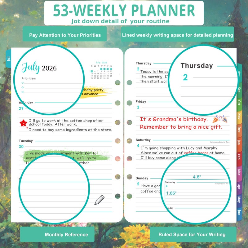 Pinchoco 2026-2027 Planner Refills - Planner Refills 2026-2027, JUL 2026 - JUN 2027, 5-1/2" x 8-1/4", A5 Planner Inserts, 26-27 Planner Weekly and Monthly with 7-Hole Punched, Colorful Tabs - Dreaming Moon - Image 5