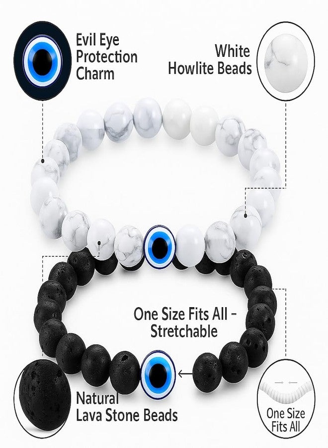 RAGHAV Evil Eye Stone Couple Bracelet for Men and Women Black and White Beads Bracelet - Image 2