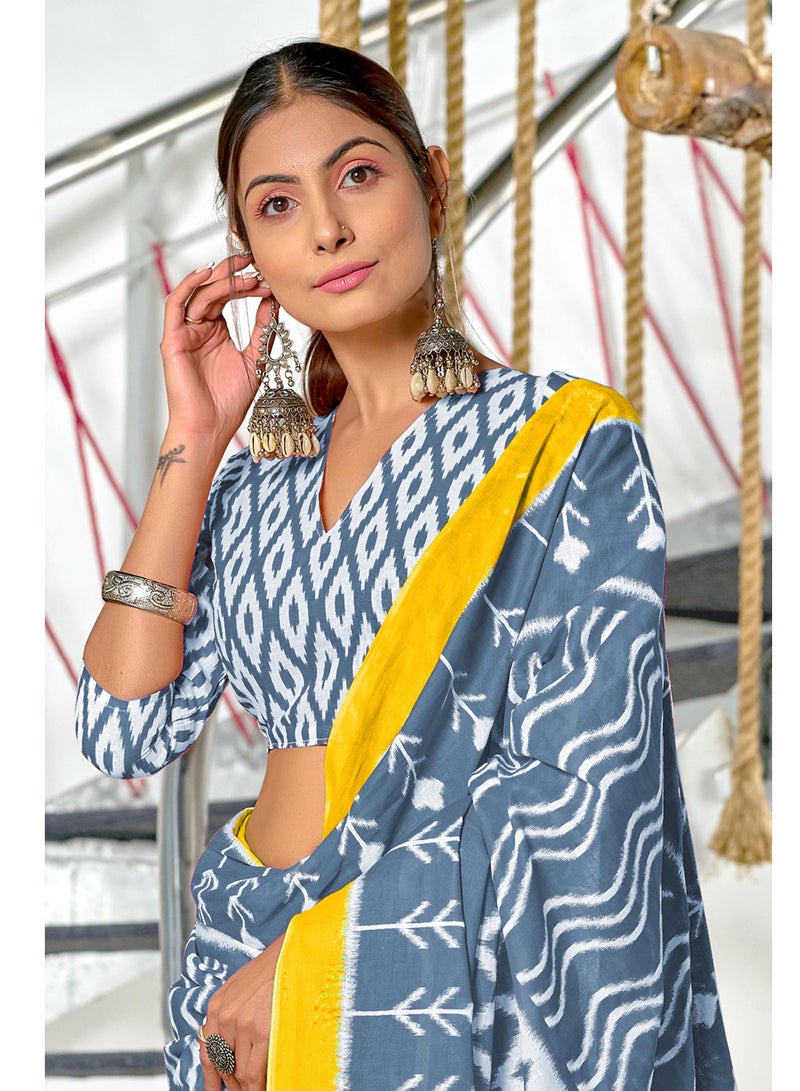 جــرابــمـــا نــتــرا   ساري رمادي اللون من القطن مولمول إيكات مطبوع يدويًا بخطوط صفراء مع بلوزة غير مخيطة - Image 2