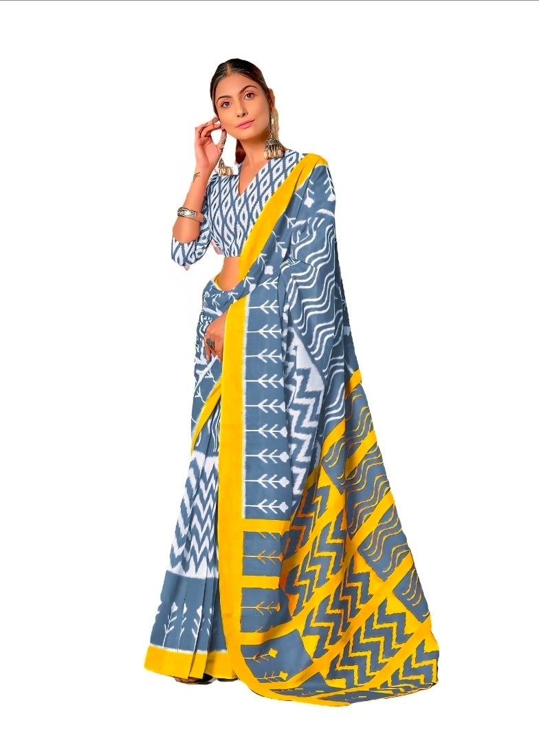 جــرابــمـــا نــتــرا   ساري رمادي اللون من القطن مولمول إيكات مطبوع يدويًا بخطوط صفراء مع بلوزة غير مخيطة - Image 1