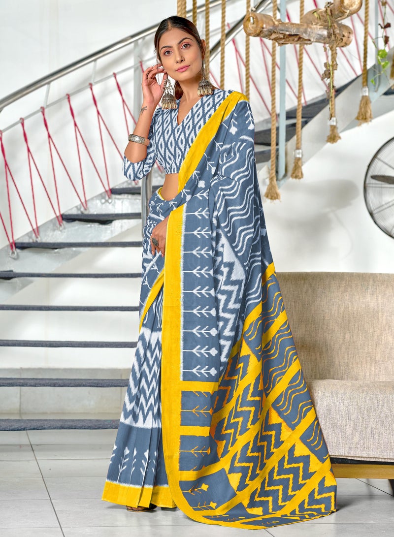 جــرابــمـــا نــتــرا   ساري رمادي اللون من القطن مولمول إيكات مطبوع يدويًا بخطوط صفراء مع بلوزة غير مخيطة - Image 3